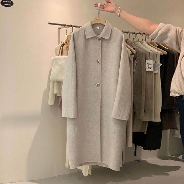 

women's wool & blends after 2021 winter korean egg temperament double faced cashmere coat lapel long woolen, Black