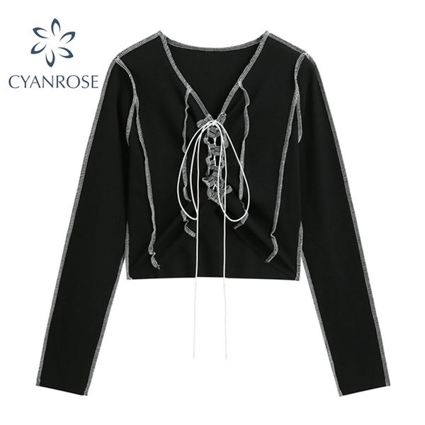 

bodycon stitched t shirt women drawstring lace up e-girl aesthetic long sleeve black tees streetwear skinny tide 210430, White