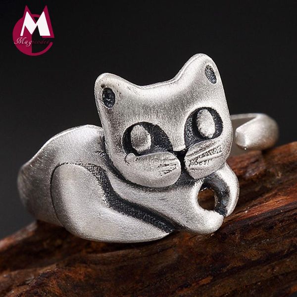 

cluster rings 2021 cute cat scrub adjustable 100% real s990 sterling silver 925 jewelry for women wedding joyas de plata r14, Golden;silver