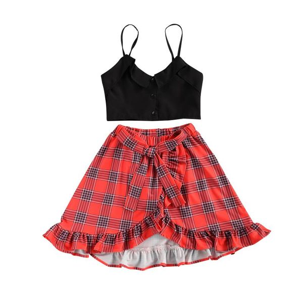 

clothing sets toddler baby set infant girls' v-neck sleeveless sling + high waist plaid printing skirt, White