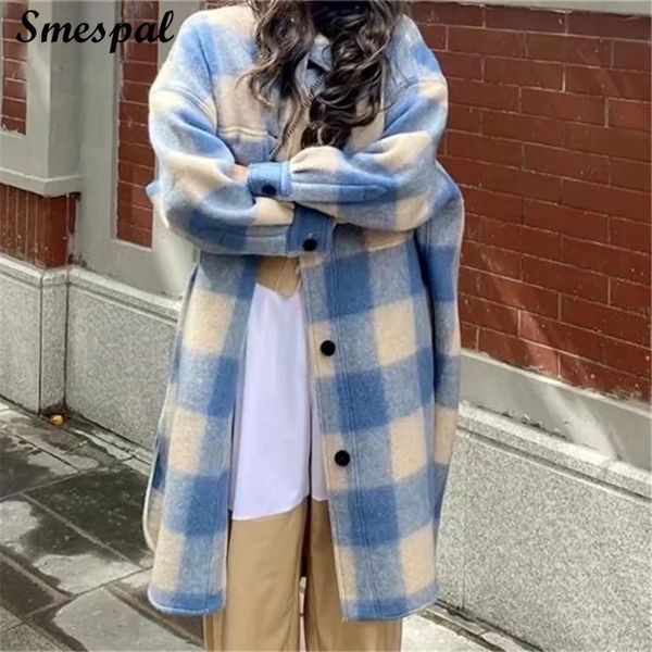 

women's wool & blends oversized coat women winter casual long plaid shirt, Black