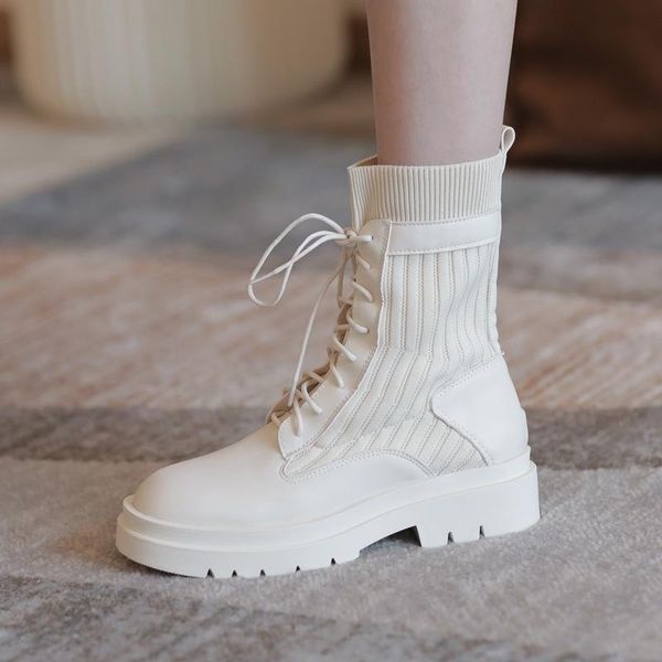 

boots korean version small muffin thick bottomed autumn and winter 2021 leather knitted elastic lace up, Black
