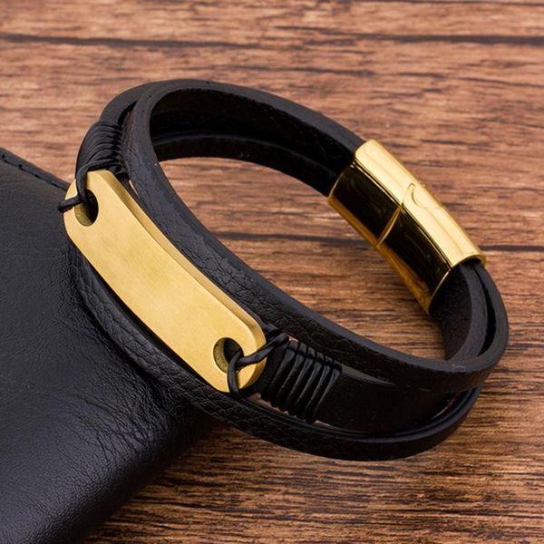 

charm bracelets engrave logo name customized bracelet men leather gold black magnetic clasp jewelry bangles charms trendy stainless steel, Golden;silver