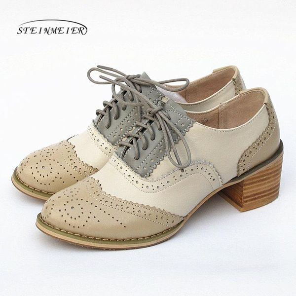 

dress shoes women oxford pumps vintage genuine leather lady thick heels retro for black brown 2021