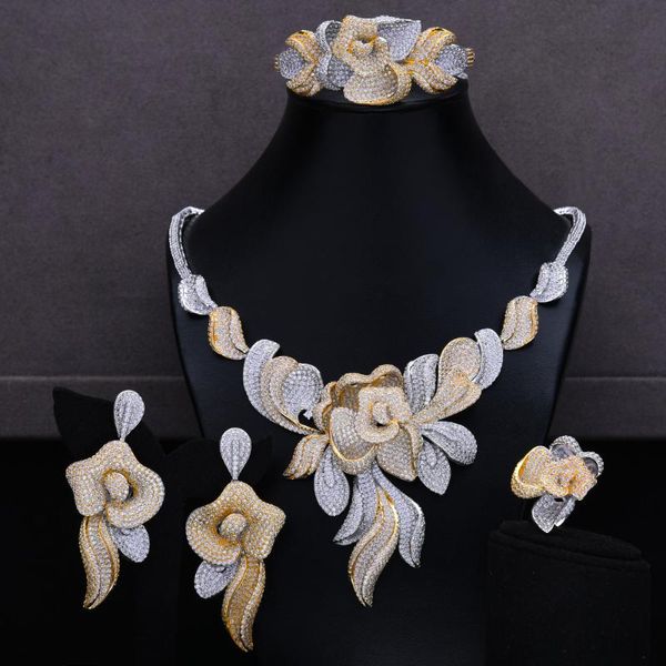 

earrings & necklace blachette big flower bangle ring 4pcs for women bridal wedding jewelry sets luxury cubic zircon party show, Silver