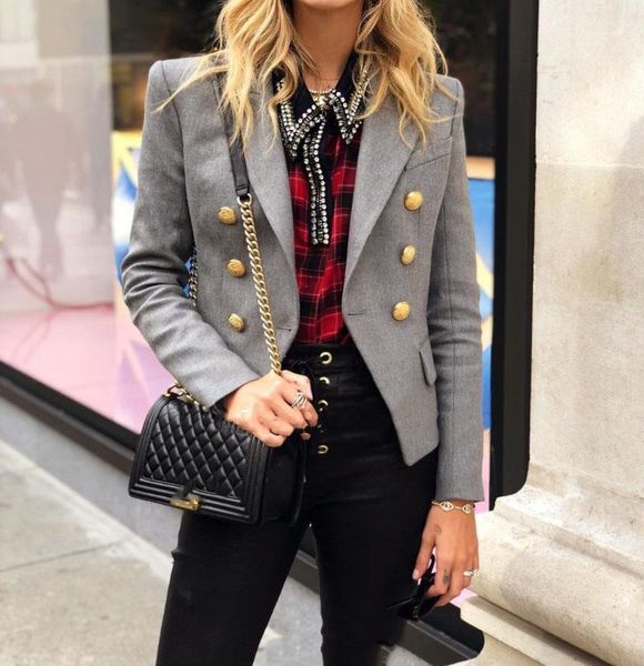 

[elfstyle] - wishbop grey tailored double breasted blazer gold buttoned front flap pocket slim coat woman women's suits & blazers, White;black