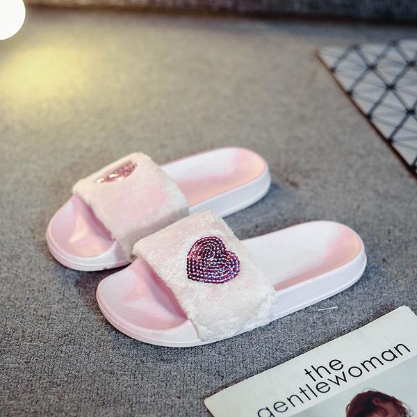 

slippers women winter plush fur indoor slides beach fashon slip on soft flats casual slipper home shoes, Black