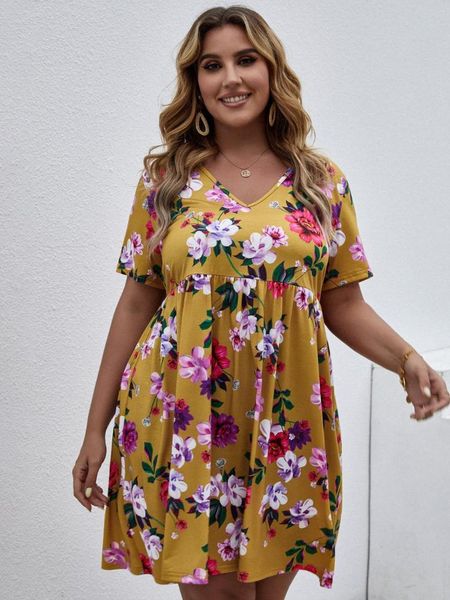 

plus size dresses women summer dress 2021 fashion v neck short sleeve floral print beach high waist mini, Black