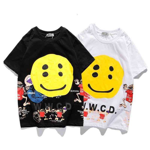 

men's t-shirts tees casual kanye west hip-hop hand-painted graffiti smiley face printing short-sleeved t-shirt for men and women korea, White;black