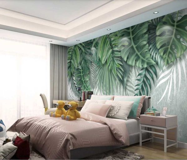 

custom mural wallpaper 3d small fresh hand-painted nordic tropical plant leaves modern minimalist background wall wallpapers