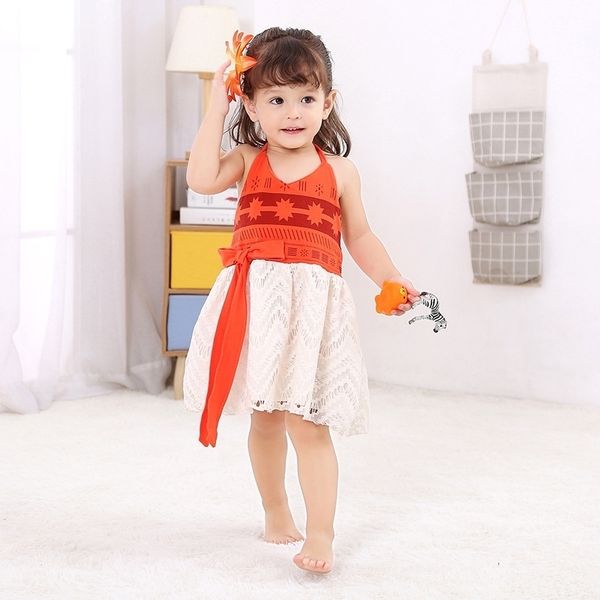 

moana girl's dress 2021ins children's clothing ocean qiyuan princess skirt, Red;yellow