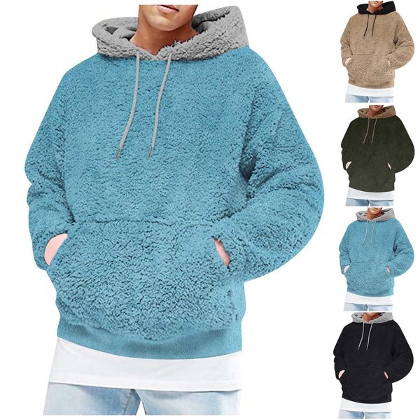 

mens hoodie sherpa fleece sweatshirts fuzzy long sleeve fall outwear winter hooded with kangaroo pockets 2021 new warm coats, Black