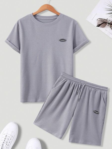 

men patch detail tee & drawstring waist shorts h9kz#, Gray
