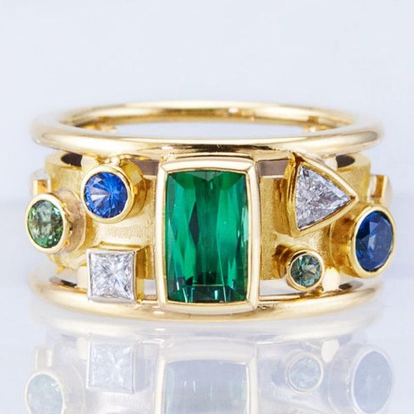 

wedding rings fashion luxury gold color with geometric colorful cz stone novel design women band jewelry arrival, Slivery;golden