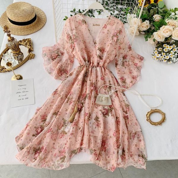 

2021mozuleva women chiffon dress 2021 summer v-neck flare sleeve floral sweet tulle dress elegant ladies irregularity robe, Black;gray