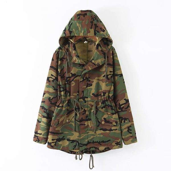

autumn fashion women camouflage hooded jacket vintage stylish female lace-up cotton coat casual outerwear 210520, Black