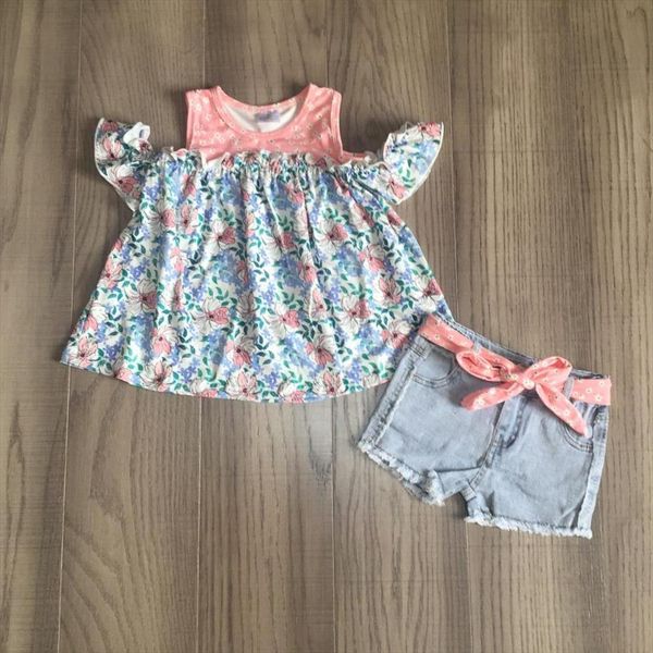

Summer Baby Girls Jeans Shorts Children Clothes Boutique Off Shoulder Cotton Milk Silk Top Pink Floral, White
