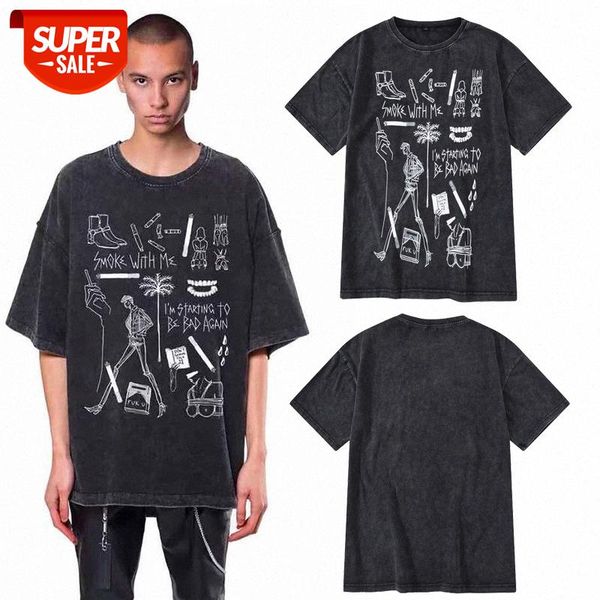 

graffiti short-sleeved t-shirt, retro washed and worn, off shoulders, five-point sleeves, male female couples #pn0f, White;black
