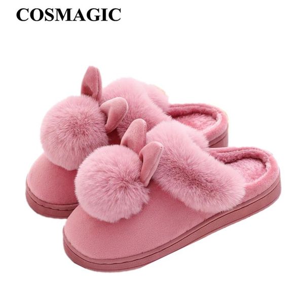 

slippers cosmagic 2021 women winter fur indoor slipper cartoon ear warm non-slip plush inside house floor living room slide shoe, Black