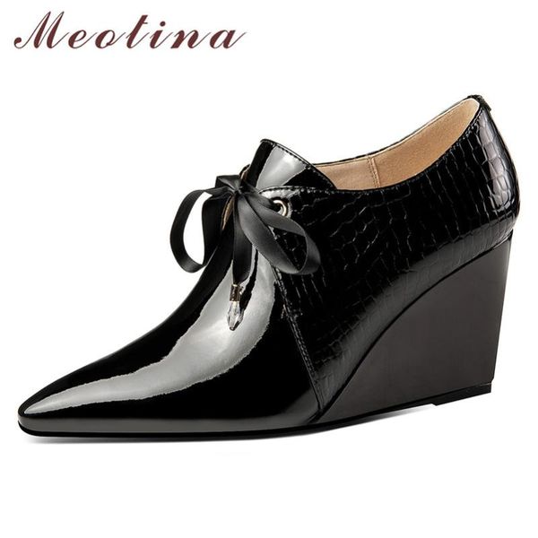 

dress shoes meotina high heels women pumps natural genuine leather wedges heel cow patent pointed toe lady size 39, Black