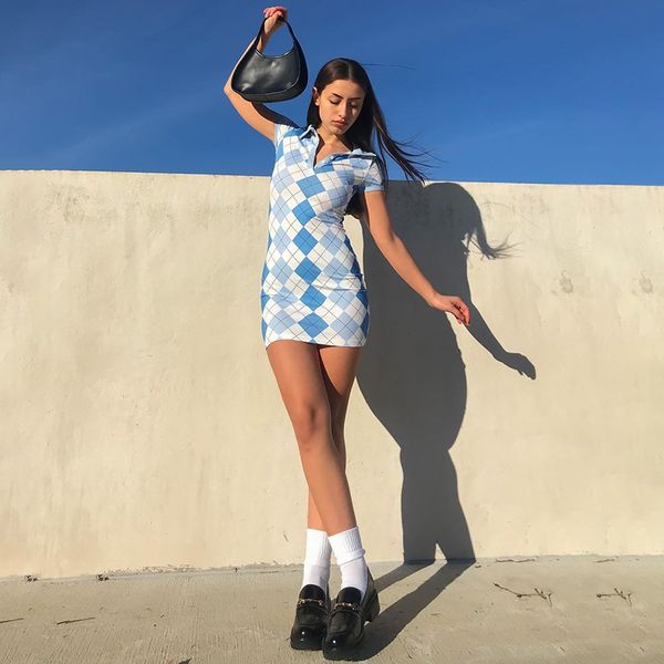 

y2k baby blue plaid short sleeve dress women summer clothing 2021 casual argyle mini bodycon dresses n82-cc21, Black;gray