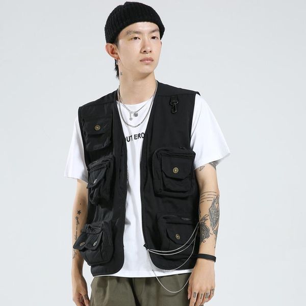 

men's cotton vest multi-pockets functional waistcoat women's hiking fishing cargo sleeveless jackets vests, Black;white