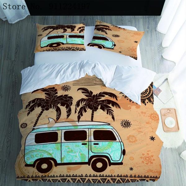 

bedding sets summer surf bus duvet cover set happy travel soft microfiber coconut tree printing quilt twin full  king
