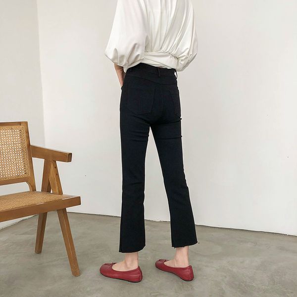 

capri elastic working woman ol wide waist pants cleft leg femme streetwear frete pro bono, Black;white