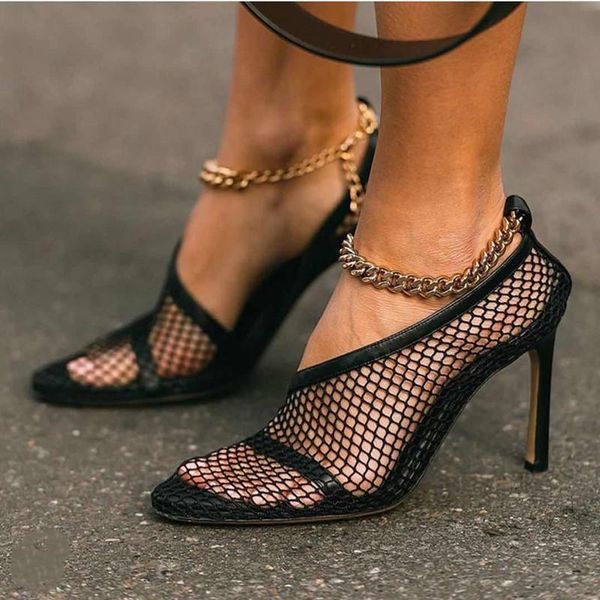 

dress shoes fashion women pumps sandals hollow-out mesh thin high heels gold chain design slip on wedding, Black