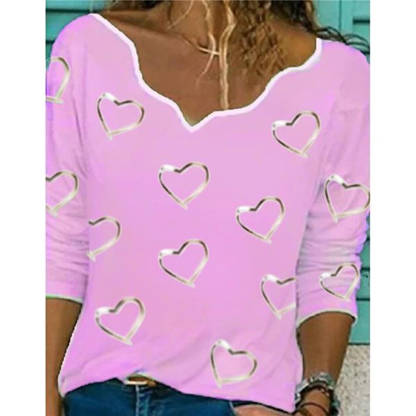 

women's t-shirt daily tee 2021 spring autumn casual love printing v-neck pullover long-sleeved loose home all-match bottoming top, White