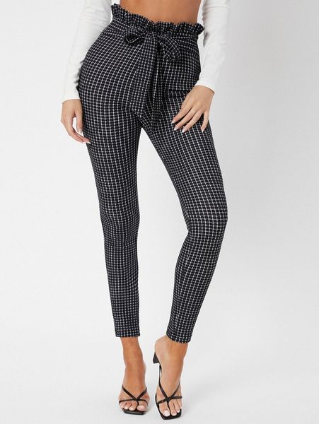 

tall paperbag waist belted grid pants 730r#, Black;white
