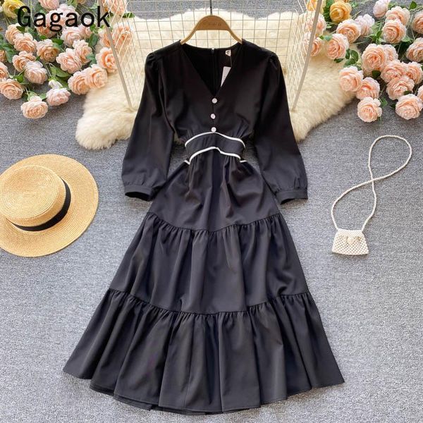 

casual dresses gagaok maxi for women 2021 spring autumn v-neck vintage ruffles patchwork midi dress french elegant chic vestidos, Black;gray