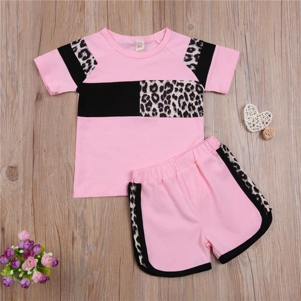 

1-5t born baby girls summer outfits, fashion soft short sleeve leopard print patchwork + shorts 2pcs clothes set clothing sets, White
