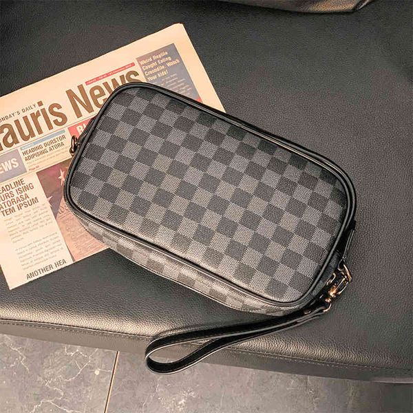

wallet light business men's handbag horizontal lattice pattern trend leather street wrist bag mobile phone 2021, Red;black