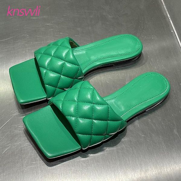 

women slippers rhombus leather mules beach shoes square toe summer runway woman candy color flat sandals, Black