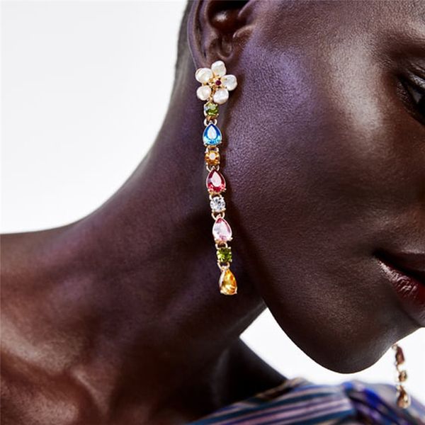 

brand pearl flower studs women long colorful rhinestone diamond drop earrings gifts fashion design statement street party charm jewelry acce, Golden;silver