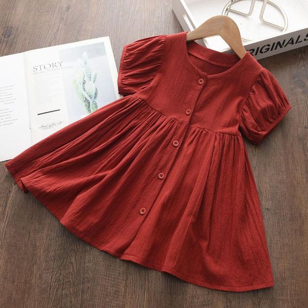 

girl's dresses baby girls 2021 summer puff sleeve button dress toddler girl princess clothing casual solid cotton kids clothes 3-7y, Red;yellow