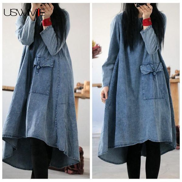 

casual dresses spring women dress vintage outwear long sleeve pockets solid color denim vestidos irregular hem cowboy comfort plus size, Black;gray