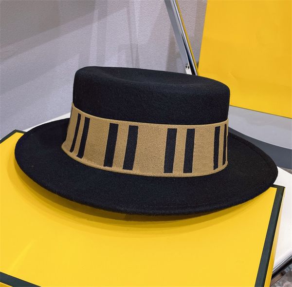 Luxus Designer Wollhut Marke Klassische Buchstaben Hochwertige Mode Eimer Hut Schwarz Fedora Hüte Für Frauen Flache Wolle Ausgestattet kappen