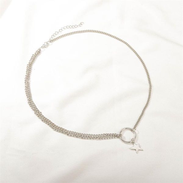 

punk geometric star choker necklaces for women girls hip hop asymmetric double layer chain chocker collars necklace jewelry chains, Silver