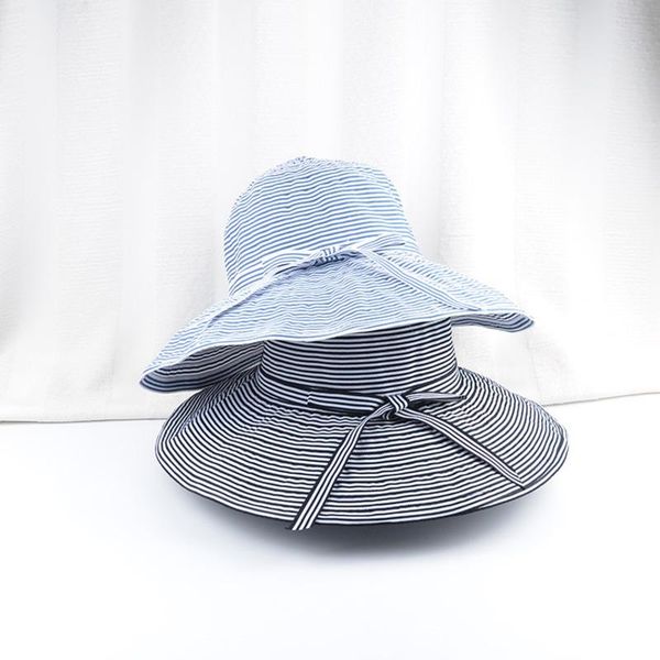 

wide brim hats women sun hat for femme ladies foldable fisherman beach holiday cap summer women's striped pattern, Blue;gray