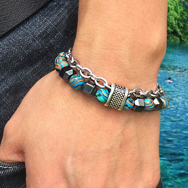 

8mm malachite bead strands bracelets stainless steel chain beaded bracelet men fashion natural stone beads jewelry, Black