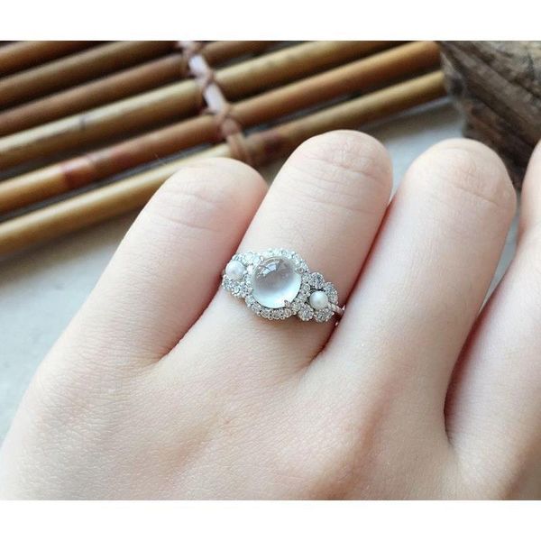 

cluster rings s925 sterling silver inlaid pure natural jade round egg pearl ring female selling temperament fashion all-match, Golden;silver