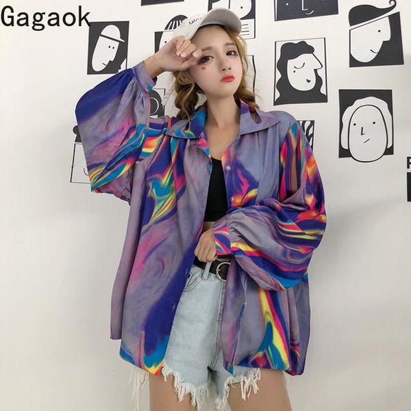 

gagaok women streetwear blouse spring autumn lapel collar print loose retro casual wild female fashion korean laser shirts women's blou, White