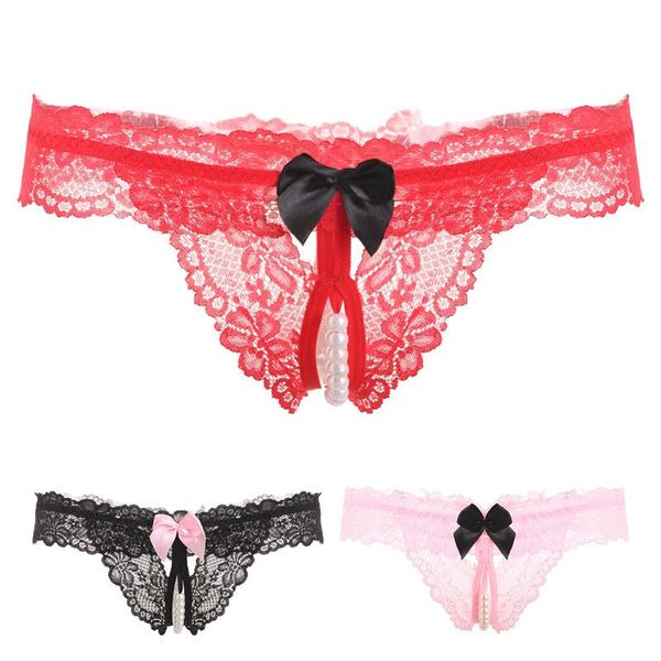 

erotic open crotch thongs g-string lingerie women crotchless panties bowknot pearls lace underwear underpants women's, Black;pink