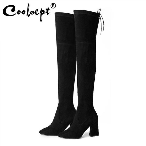 

boots coolcept arrive women over the knee long winter shoes high heels soft autumn motorcycle size 34-43, Black