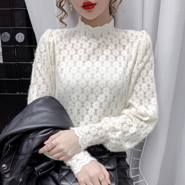 

women's blouses & shirts plus size floral crochet and for ladies women fashion loose stand collar lace hollow out longsleeve shirt top, White