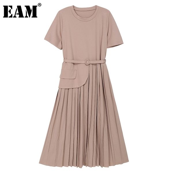 

[eam] women apricot pleated sashes asymmetrical dress round neck short sleeve loose fit fashion spring summer 1dd7145 21512, Black;gray