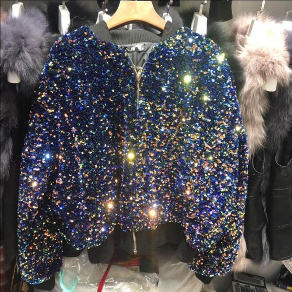 

women's jackets sequins jacket women cotton padded 2021 winter heavy sequined bling stars coat ladies streetwear, Black;brown