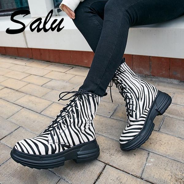 

boots salu ankle brand horse hair leather shoes woman handmade lace-up platform heel round toe, Black